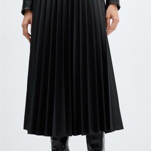 Mango Black Pleated Faux-Leather Midi Skirt